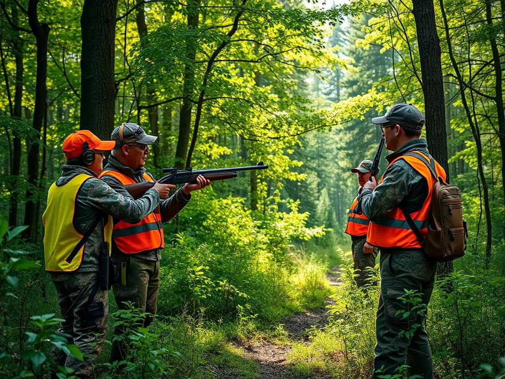 A group of hunters in Semussac, wearing safety gear, participating in a supervised hunting activity in a local forest, emphasizing safety and responsible hunting practices.