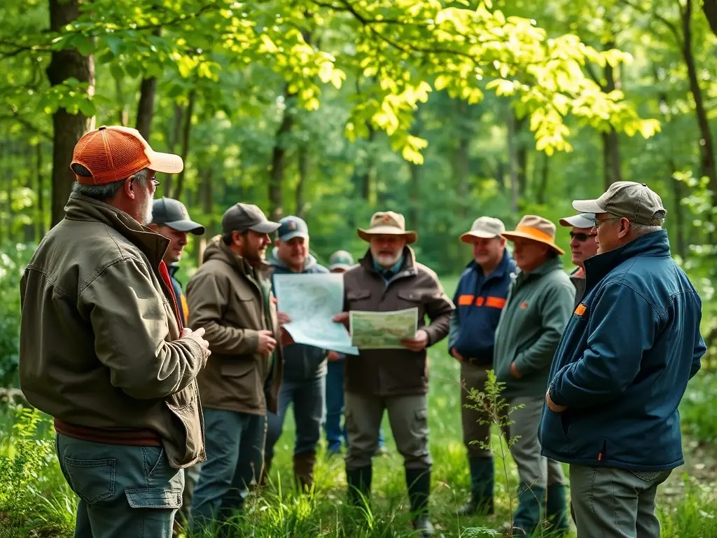 A group of community members and hunters attending an educational workshop on sustainable hunting practices, organized by ASSOCIATION COMMUNALE DE CHASSE AGREE DE SEMUSSAC.