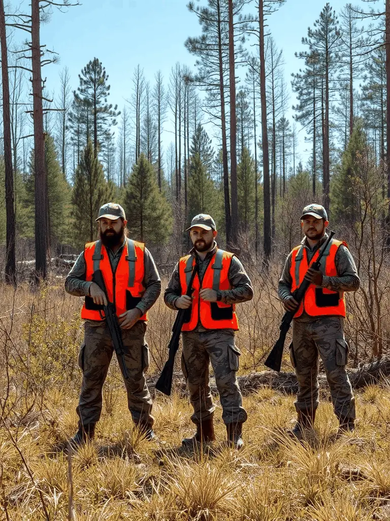 A photograph depicting a group of hunters participating in a supervised hunting activity in the Semussac region, emphasizing safety and responsible hunting practices.