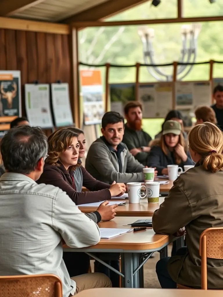 A photo of a community education workshop on responsible hunting and wildlife management, showing participants actively engaged in learning about sustainable practices.