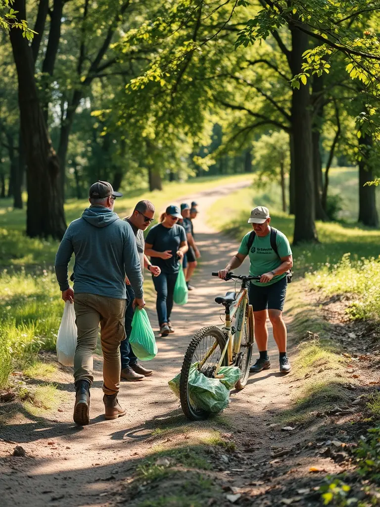 A picture of volunteers participating in a cleanup drive in a local forest or natural area, demonstrating the association's commitment to environmental stewardship and community involvement.