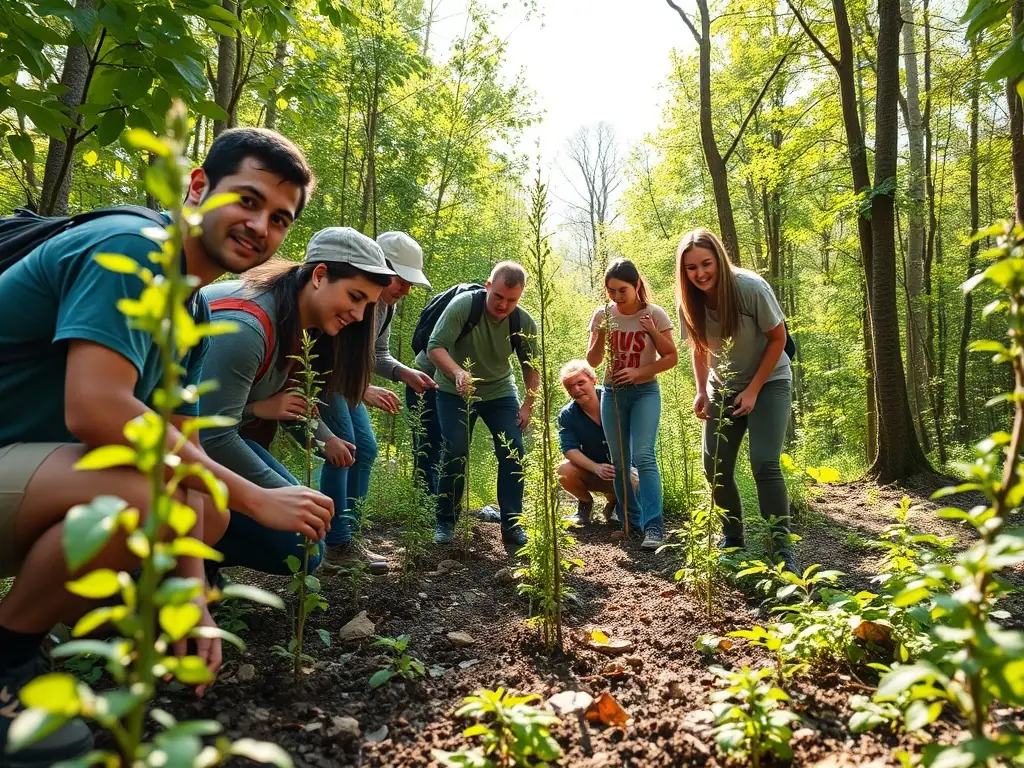A group of volunteers planting trees in a deforested area, illustrating habitat restoration efforts by ASSOCIATION COMMUNALE DE CHASSE AGREE DE SEMUSSAC.