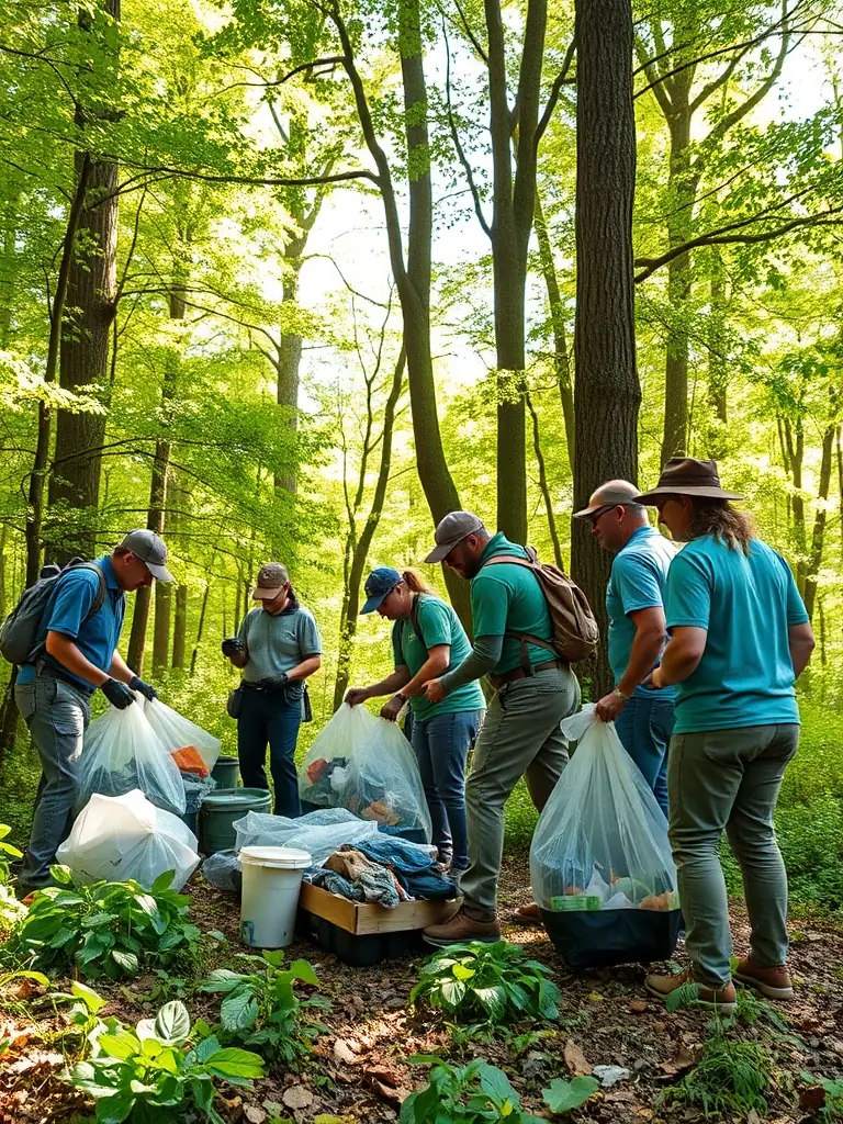 A picture of association members participating in a habitat cleanup activity, removing litter and debris from hunting areas to maintain a clean and healthy environment for wildlife.