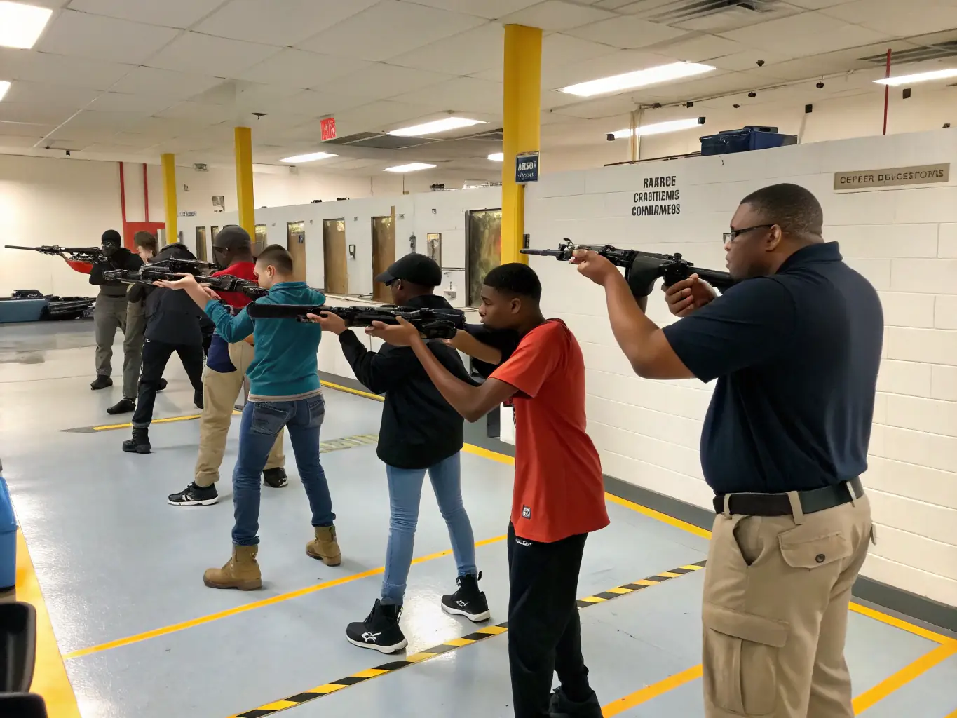 A photograph of a hunting safety workshop, showing instructors teaching participants about responsible hunting practices and firearm safety.